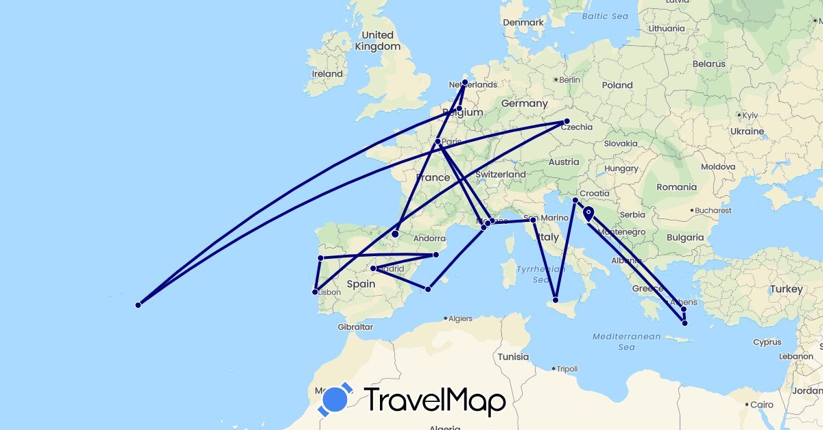 TravelMap itinerary: driving in Belgium, Czech Republic, Spain, France, Greece, Croatia, Italy, Monaco, Netherlands, Portugal (Europe)